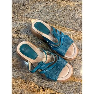 Dansko Teal Blue Leather Wedge Sandals Embossed Circles Comfort Wedge Size 6.5-7